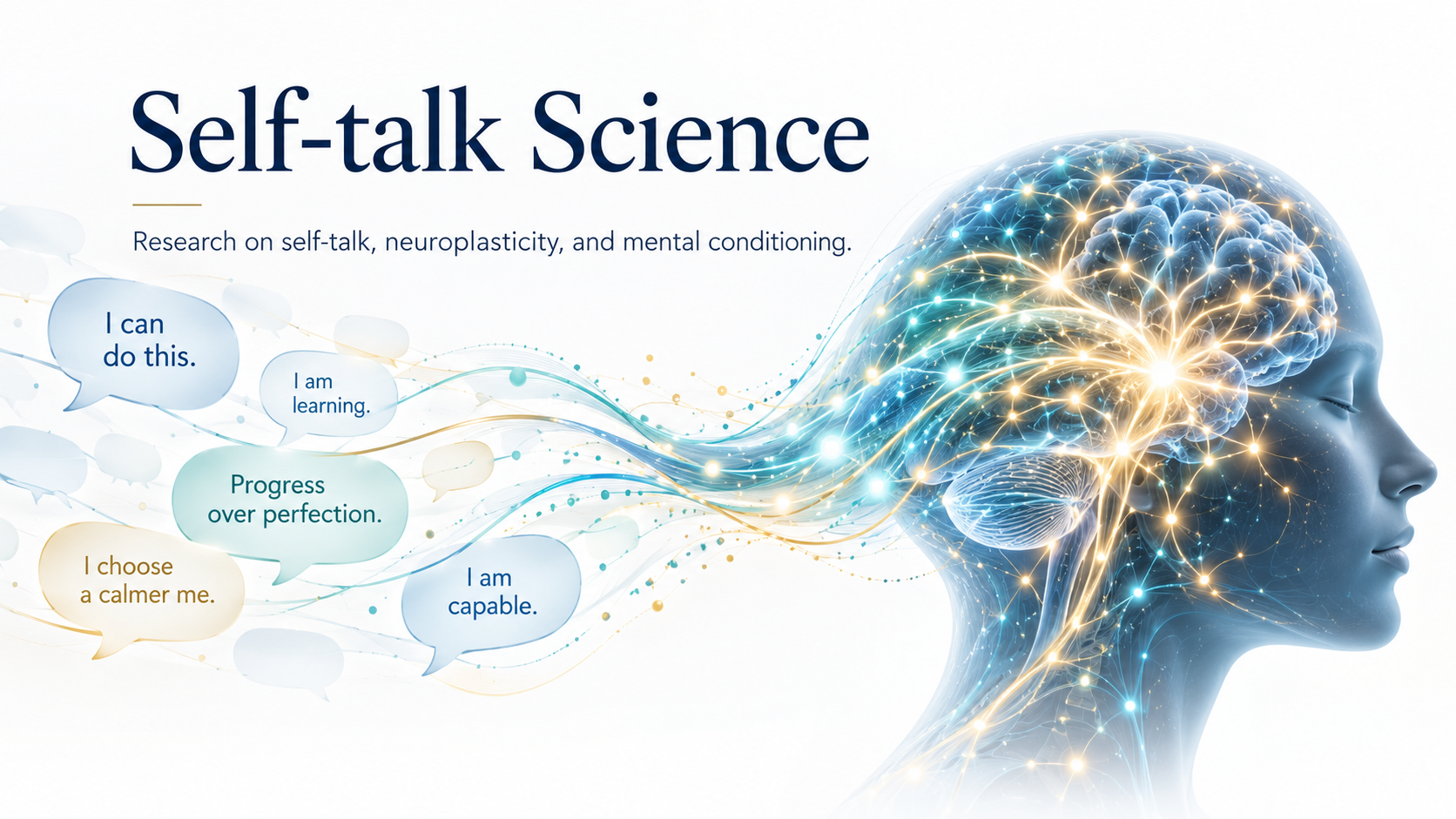 Self-talk science illustration showing constructive thoughts and a conceptual neural network