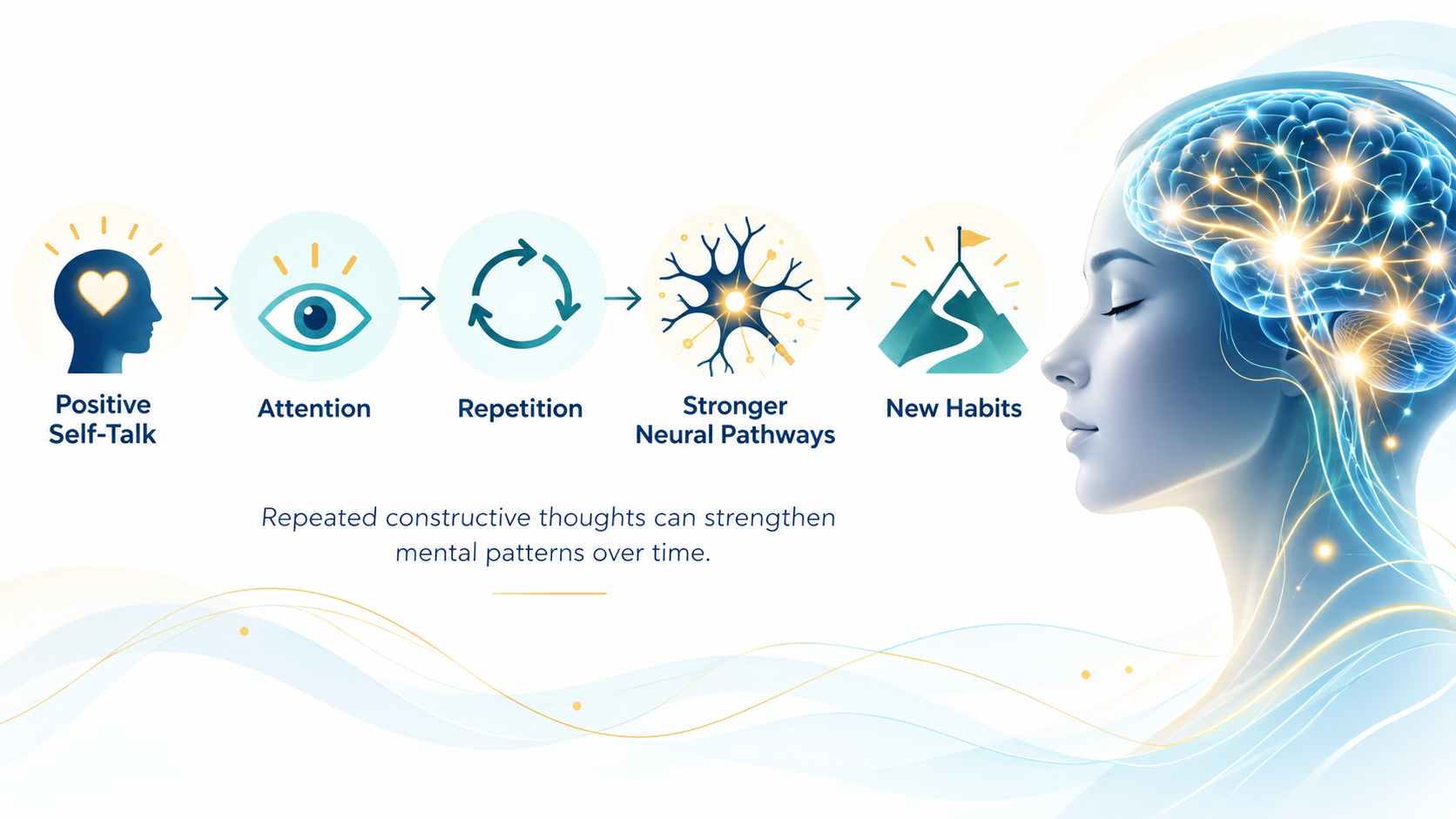 Concept illustration of repeated self-talk, focused attention, practice, neural learning and new habits